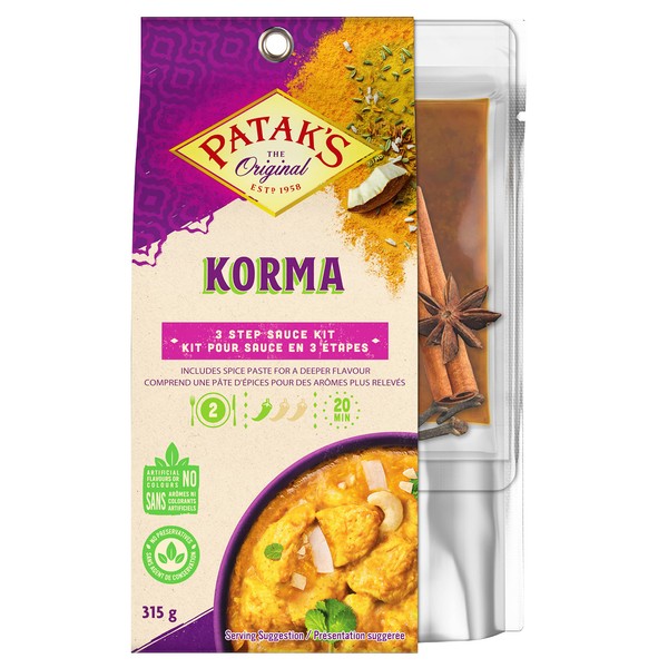 Patak's, Korma 3-Step Meal Kit, Premium Quality Sauce, Pre-Measured Ingredients, Authentic Indian Cuisine, No Artificial Flavours or Colours, 315g