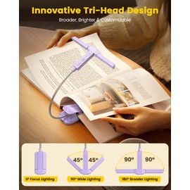 Glocusent Innovative Tri-Head Book Light for Reading in Bed, 3 Colors & 5 Brightness Levels, 1000mAh Rechargeable Reading Light with 30-Min Timer, 10-100Hrs, Partner Friendly, Perfect for Book Lovers