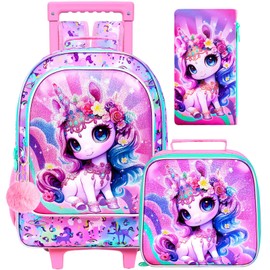 ZLYERT 3Pcs Unicorn Rolling Backpack for Girls, Roller Bookbag with Lunch Box, Kids School Backpacks with Wheels for Elementary Preschool(Pink)