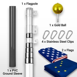 G128 Combo Pack: 25 Ft Telescoping Aluminum Flagpole (Silver) & American and Alaska Flags 3x5 Ft, Both ToughWeave Series Embroidered Polyester | Pole with Flags Included