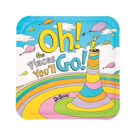 Multicolor Paper Dr. Seuss Oh, the Places You'll Go Dinner Plates - 9" (Pack of 8) - Unique Design, Durable & Eco-Friendly Material - Ideal Graduation Party