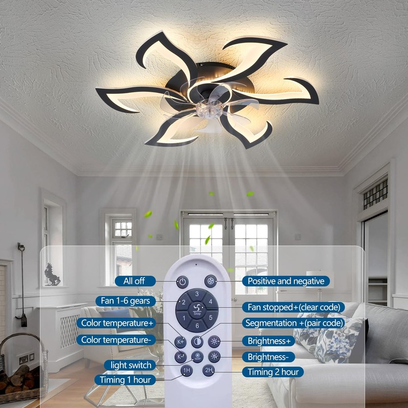 Dalouguan 32" Black Modern Ceiling Fan with Lights Remote Control,