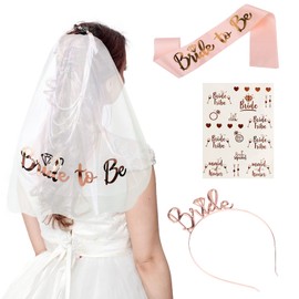 AIBAOBAO Bride to Be Sash, Hen Party Accessories Include Bride Headband Tiara, Veil with Comb, Sash, Tattoos, Bride to Be Gifts Decorations for Wedding, Bridal Shower, Bachelorette Party