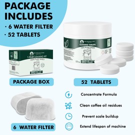 6 Pack Breville Compatible Charcoal Filters with 52 Cleaning Tablets, 1 Year Breville Compatible Maintenance Kit, Espresso Machine Clean Kit for Breville Barista Pro, Breville Infuser and more