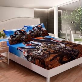 Feelyou Motorbike Fitted Sheet Dirt Bike Bed Sheet Sports Motorcycle Bedding for Kids Boys Teens Full Size Motocross Racer Sheet Set Includes 1 Sheets & 2 Pillowcases (No Flat Sheet)