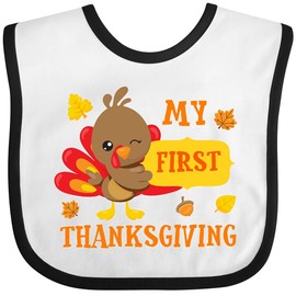 inktastic My First Thanksgiving with Turkey and Leaves Baby Bib White and Black 2c777