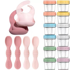 12pc Glass Baby Food Storage Jars, 4 Silicone Baby Spoons & 2 Silicone Bibs, Baby Mealtime Essentials – BPA-Free, Leakproof, and Dishwasher Safe
