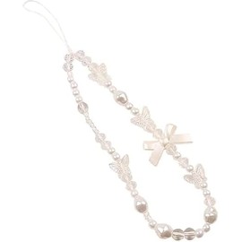 Wentoenapp White Butterfly Pearl Beaded Phone Lanyard Strap Anti Lost Charm Keychain Wallet Decoration Pendant for Women