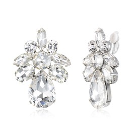 Flyonce Wedding Bridal Rhinestone Clip on Earrings, Art Deco Flower Clip-on Stud Earrings for Women Clear Silver-Tone