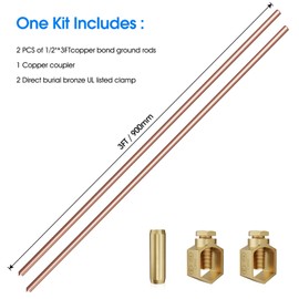 6ft Ground Rod Kit - 1/2'' Bonded Electrical Copper Grounding Rod with Bronze Clamp UL Listed,Great for Fence Lightning Strike Electrode Earthing Rod, Swimming Pool Ground Rods