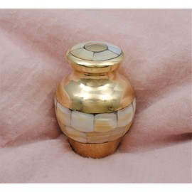 Exquisite Mother of Pearl Human Ashes Cremation Miniature Urn | Golden Brass Keepsake Urn | Memorial Urn | 3" | with Velvet Box & Velvet Bag