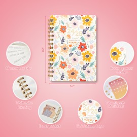 TSFPapier Planner 2024-2025 for Women Men Spiral Notebook A5 Monthly Weekly Calender Planning 17 Months Teacher Daily Academic 5.7" x 8.2",Flower
