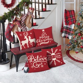 Bonhause Christmas Red Throw Pillow Covers 18 x 18 Inch Reindeer Snowflake Believe Decorative Pillows for Sofa Couch Winter Holiday Decor Set of 4
