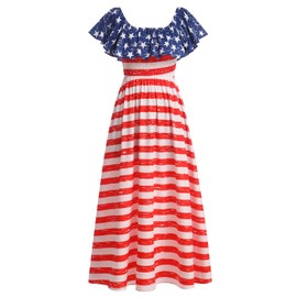 Women Ruffle Off the Shoulder Fourth of July Dress Smocked 4th of July American Flag Dress Retro Stars Striped Print Memorial Day Dress Independence Day Clothes USA Flag Patriotic Dress USA Flag 2XL