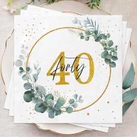 Wentsent Sage Green 40th Birthday Napkins for Women Men, Happy 40th Birthday Gold Napkins Eucalyptus Napkins Serviettes for Birthday Anniversary Cocktail Party Decoration