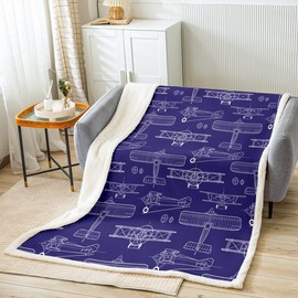 Hand-Painted Airplane Kids Throw Blanket,American Aircraft Toddler Bed Blanket for Girls Boys Adults,Air Vehicles Cartoon Fleece Blanket,Dark Blue Fuzzy Blanket,Twin Size (60 x 80 Inches)