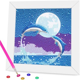 Miquans Art Diamond Painting Kits for Kids, Diamond Painting Kits Dolphin with Wooden Frame,Ocean Diamond Pain ting Kits for Beginners, Girls, Adults, Arts Craft for Home Decor（6x6inch）