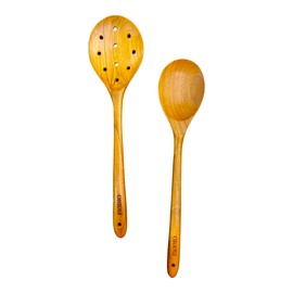 2 Pcs 13.5 Inch Teak Wooden Spoon - Mixing Slooted Spoon Heat Resistant Healthy Cooking Tools Handcrafted by Fiodio Home (Spoon & Round Slotted)