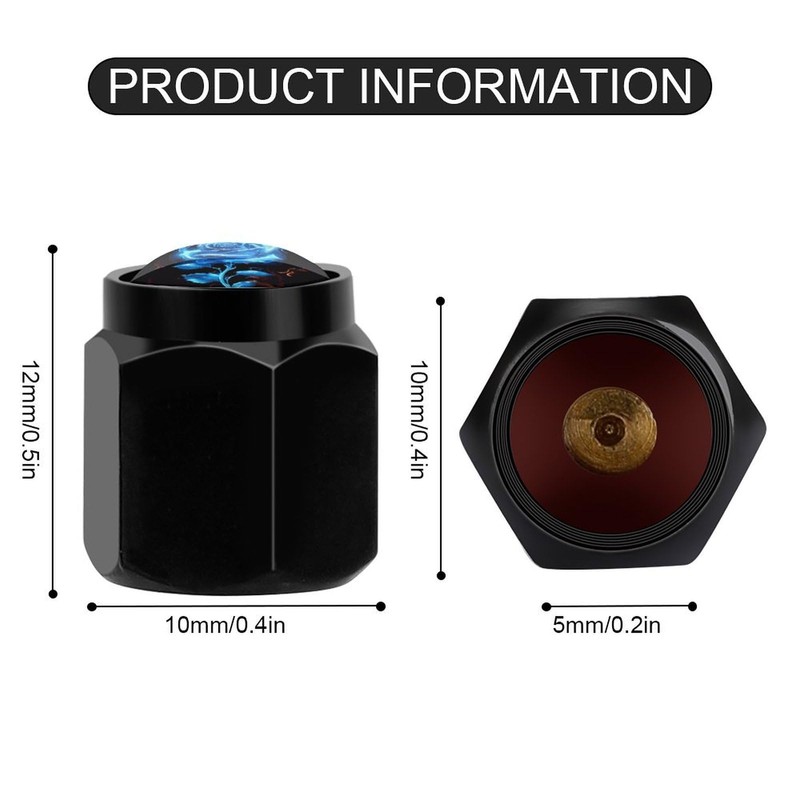 Muishi Rose Blue Flame Tire Valve Stem Caps, Aluminum Black