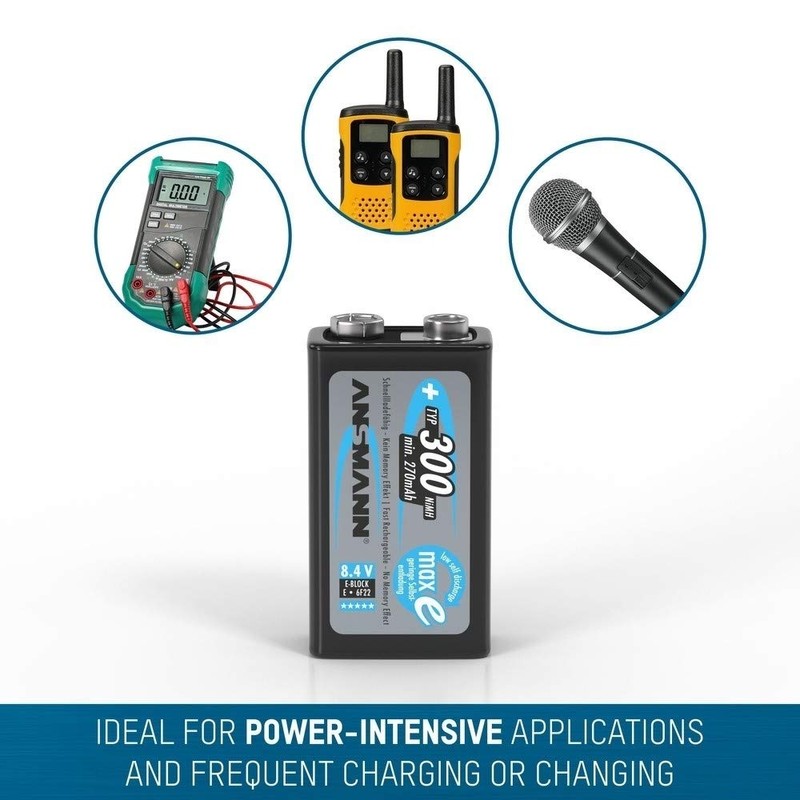 ANSMANN Rechargeable 9V Battery 300mAh pre-Charged Low Self Discharge 9Volt