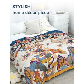 YnM Boho Throw Blanket 100% Muslin Cotton Rustic Quilt with Jacquard Pattern, Lightweight Reversible Blanket for Farmhouse Decor, Home Décor Piece for Couch, Sofa and Bed (Blooming Flower, 60x80 Inch)