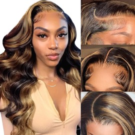 haha Body Wave Highlight Lace Closure Wig Human Hair Ombre Lace Front Wig 1B/30 Brown Highlight Wigs Human Hair Honey Blonde Ombre Closure Wig 4x4 Glueless Pre Plucked Balayage 24 Inch 150% Density
