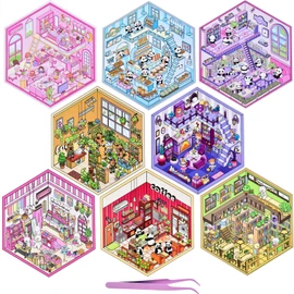 8 Sets Animals 3D Sticker Scene 3D House Stickers with Tweezers Rabbit Panda Capybara Scenes Make Your Own House Miniature Scene Stickers