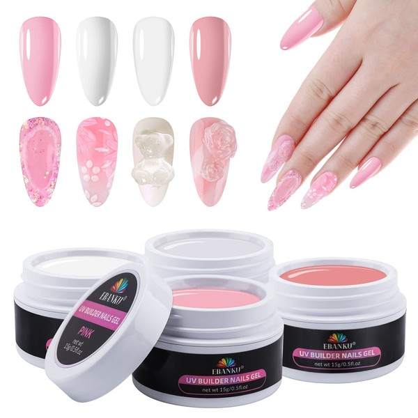 EBANKU 4 Colours Solid Builder Gel for Nails, Nail Gel Extension Gel Nail Extension Gel Clear Nude White Pink Acrylic Gel for Nails Colour Extension Gel for Beginners Nails, 4 x 15 ml