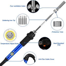 TriLine Soldering Iron Kit with Digital Multimeter, 60W Adjustable Temperature Electric Welding Tool Set with ON/Off Switch, 5 Extra Tips, Desoldering Pump, Wire Stripper Cutter, Tweezers, Stand, Bag