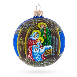 Timeless Nativity Scene in Manger Blown Glass Ball Christmas Ornament 3.25 Inches