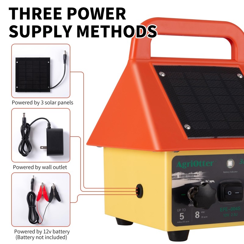 24 Hour Solar Electric Fence Charger,3-in-1 Electric Fence Charger,20 Miles,Solar/BatteryAC