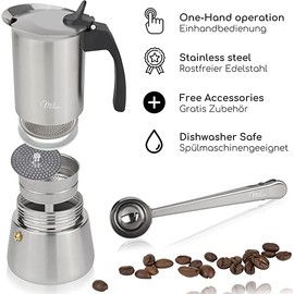 Milu Espresso Maker Suitable for Induction Hobs, 2/4/6 Cups, Stainless Steel Mocha Pot, Espresso Pot, Espresso Maker Set incl. Coaster, Spoon, Brush