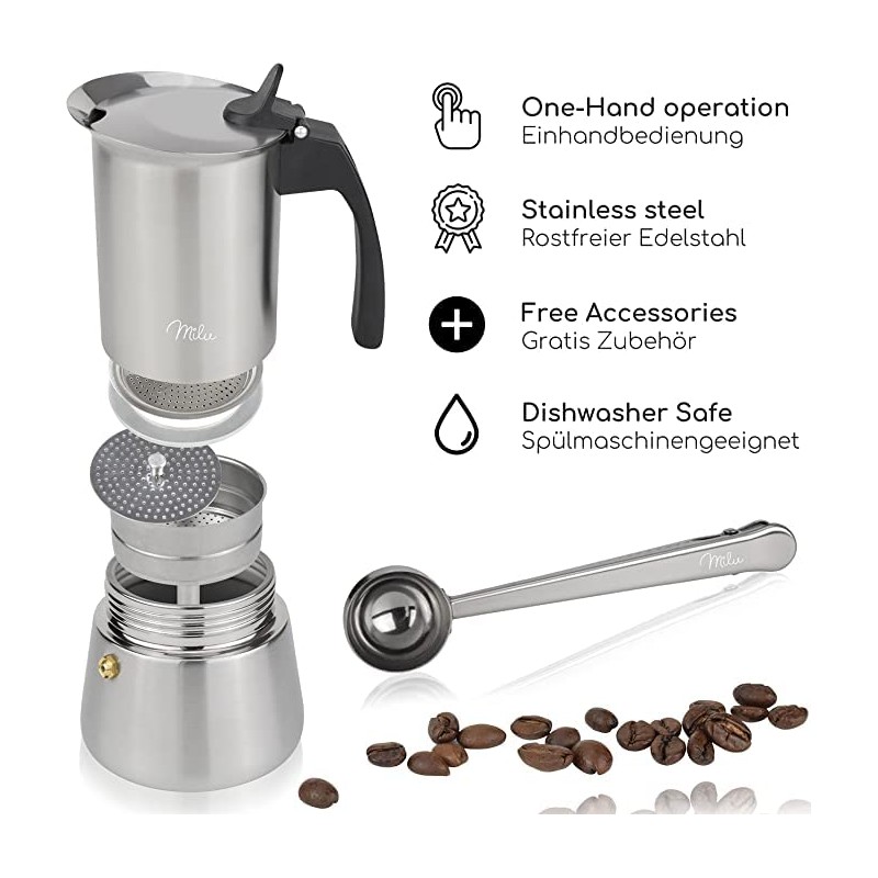 Milu Espresso Maker Suitable for Induction Hobs, 2/4/6 Cups, Stainless