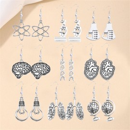 Dreuyet 9 Pairs Biology Gifts Earrings Set Unique Charm Chemistry Atom DNA Microscope Brain Heart Light Bulb Globe Scientist Earrings for Women Science Nerd Jewelry Gifts (Pearl Style)