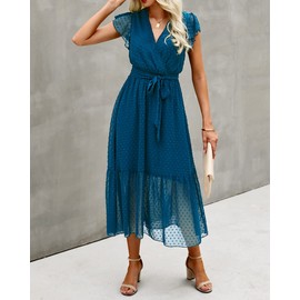 BTFBM Women Summer Bohemian Floral Casual Wrap V Neck Ruffle Cap Sleeveless Belt A-Line Pleated Hem Swing Midi Sun Dress (Swiss Dot Lake Blue, XX-Large)