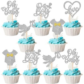 30 piezas de decoración para cupcakes de baby shower, diseño de corazón, decoración para decoración de género, baby shower, niños, fiesta de cumpleaños, color plateado