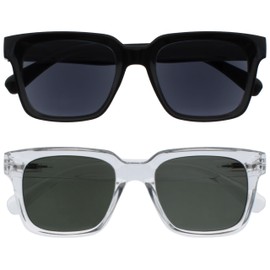 OPULIZE ERA Reading Sunglasses for Men & Women - Black/Green Tinted Lens - 2 Pack - Anti-Reflective Anti-Glare - UV400 Protection - Oversized Rectangular Frame - Spring Hinges - Black/Clear +2.00