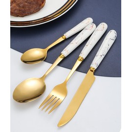 24 Piece Gold Silverware Set with Stand, Premium Stainless Steel Flatware Set Service for 6, Polished Knifes Forks and Spoons Set with Porcelain Handle, Cutlery Set for Kitchen Home Restaurant (White)