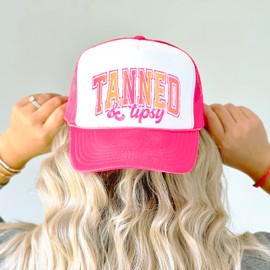 Tan & Tipsy Summer Trucker Hat for Women Foam Front Classic 5 Panel Mesh Snapback White/Neon Pink Trucker Hat