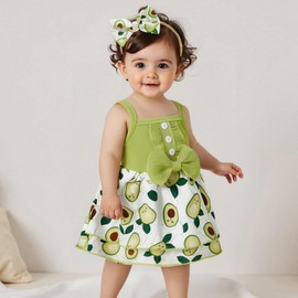 Kayotuas Newborn Baby Girl Summer Clothes Romper Dress Fruit Print Sleeveless Square Neck Bow Jumpsuit Bodysuit with Headband (Green, 9-12 Months)