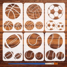 FINGERINSPIRE 6Styles Balls Pattern Stencils with a Brush 29.7x21cm Basketball Painting Stencils Volleyball Stencil Soccer Stencil PET Sport Themes Football Template for Wood Wall Floor Tiles