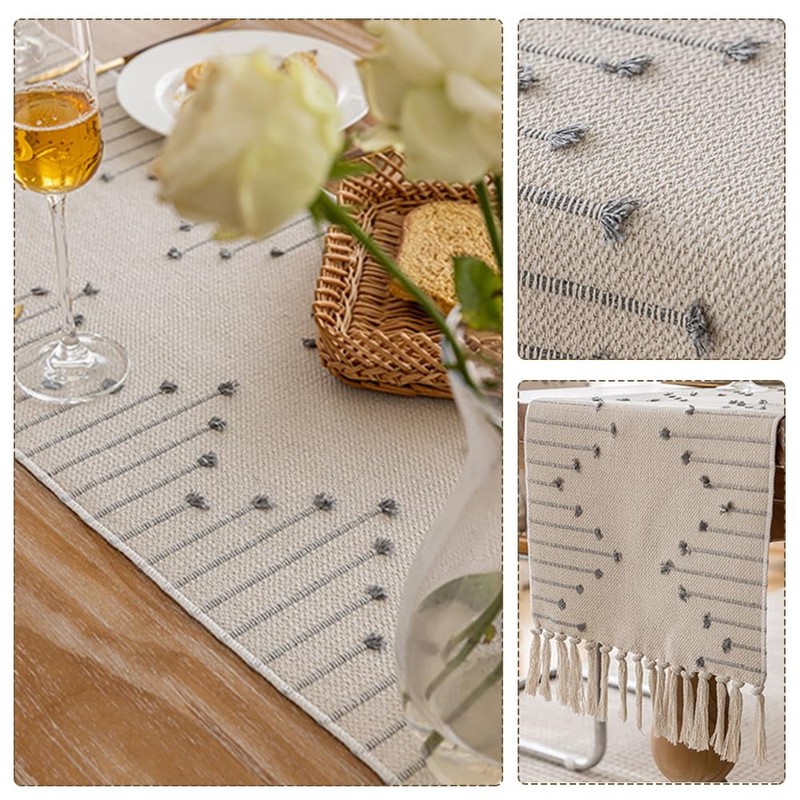 Boho Table Runner, Natural Cotton Woven Runner with Tassels Fall
