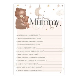 Bear Theme Baby Shower Games - Pack of 20 Cute Bear Who Knows Mummy Best Cards Boy Girl Baby Shower, Gender Reveal, Gender Neutral Design (BS-BEAR-WKM)