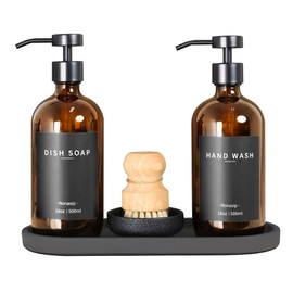 Ronasip Set of 5 Kitchen Soap Dispenser Set 16 Oz Glass Hand Dish Soap Dispenser with Stainless Steel Pump, Cement Tray, Dish Scrub Brush for Farmhouse Rustic Home Bathroom Decor (Brown)