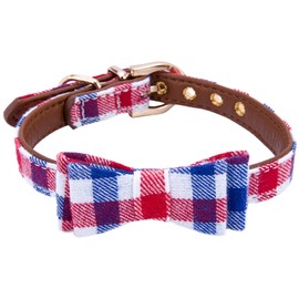 Puppy Collars for Small Dogs - StrawberryEC Adjustable Puppy Id Buckle Collar Leather. Cute Plaid Bowtie Blue Dog Collar (Bow-Blue-Grid)