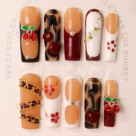 100% 5D Handmade Press on Nails with Charms Long Square Nails Press ons- French Tips False Nails Brown Cherry Butterfly Red Charms Press on Nails for Women Girls Daily Wear DIY Manicure Size M