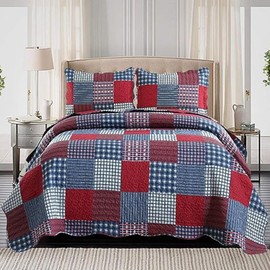 Hailea Red Blue Plaid Quilt Set Twin Size Country Patchwork Bedding Lightweight Reversible Bedspread Coverlet with Sham Soft All Season Bed Cover Set, 1 Quilt 2 Pillow Shams
