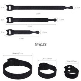 GripZz Cable Ties with Fastener - 10/15/20 cm - Pack of 60 Reusable Cable Ties - Cable for Office, Data Centres & Home Office (Black)