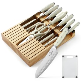 N NOBLE FAMILY In-drawer Knife Block Set, 16PCS Kitchen Knife Set with Wooden Block, Chopping Knives Set, Stainless Steel Knife Block Set, Sharp Cooking Knife Set with Cutting Board, Rust Proof, White