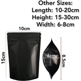 Ozchillon100pcs Black White Stand-Up Bags Matte Heat Seal Pouch Smell Proof Mylar Zipper Baggies Resealable Food Storage Packaging for Food,Coffee,Bean (Black, 15x22cm)